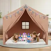 Kids Tent with Mat and LED Star Lights Playhouse for Kids Indoor Outdoor Play Tent for Toddlers 3 4 5 6 Year Olds Brown