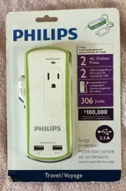 Philips Travel Surge Protector, 2 AC Outlets, 2 USB Charging Ports, 2.1 A