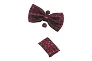 Mens Burgundy Diamond Matching Bow Tie, Pocket Square & Cuff Links Set