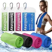 Nemlistey 4 Pack Cooling Towels, Soft Breathable Cooling Towels for Neck and Face, Microfiber Gym Towels for Men and Women with Waterproof Bag & Carabiner, Sweat Towel for Yoga, Golf, Hiking, Running