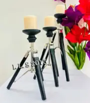 Black,Silver Steel, Wood Handmade Candle Holder, Black Tripod Home, Office Decor