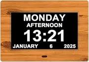 Digital Day Clock with Large Display, Multiple Alarms, Dementia-Friendly Features – Wood Style Frame Senior Alarm Clock with Digital Calendar, Multiple Alarms, Auto Night Dimming, Custom Reminders