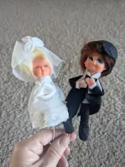 Vintage Mid Century Napco Japan Bride And Groom Floral Pick Wired Cake Topper EC