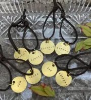 Set of 8 Liquor Decanter Tags on Leather String Hand-Stamped Brass Metal Labels