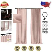 Linen-Style Blackout Drapes 108" - Noise Reducing Panels with Clips, Blush Pink