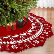 Christmas Tree Skirt 60 Inch, Knit Red Tree Skirt with Poinsettia Pattern, Ru...
