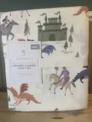 NEW Pottery Barn Kids Knights & Dragons Flannel Twin Sheet Set, Castles