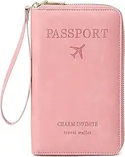 [DAITET] Passport Holder PU Leather Wallet for Men & Women, RFID Blocking Travel Wallet, Passport Holder Card Slots Document Organizer Wrist Strap (Pink)
