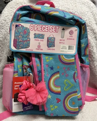 New Rainbow Print 6 Piece Set Matching Backpack, Lunchbox, Pencil Case, Pompom +