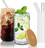 DAMCONME Glasses Cups with Lid and Straw 2Pack,Glass Cup with Lid for Iced Coffee,Smoothie,Cocktail,Beer,Whiskey,Soda,Matcha,16 Oz Glass Cup with Bamboo Lid
