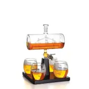 1L Whiskey or Wine Sailboat Glass Decanter Set - 4x Globe Glasses + Wooden Stand