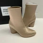 Opening Ceremony Womens Dylan Satin Block Heel Leather Booties 35EU 5US Tan $395
