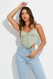 Green Corset Singlet Sleeveless Sweetheart Neck - Size L, Women's Singlet