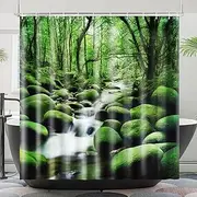 Lokigo Natural Waterfall Forest Shower Curtain, Rainforest Mossy Rocks Landscape Stream Flowing Jungle Shower Curtains Bath Decor, Waterproof Fabric Shower Curtains with 12 Hooks, 72"x72"