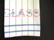 vintage Tea Towel Hand Embroidered GLASS Striped Towel Pink Blue Embroidery