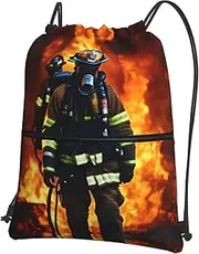 EdWal Firefighter Fireman Flame Print Drawstring Backpack Gym Bags Sports Bags With Zipper Pocket For Travel Swimming Beach, Black, One Size