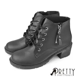 【Pretty】女鞋 短靴 馬丁靴 粗跟 側拉鍊 綁帶 台灣製(咖啡、黑色)