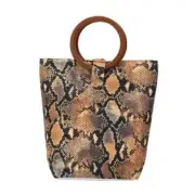 Tote Bag Canvas Multicolor Zip Top Boho Wooden Handles Brown