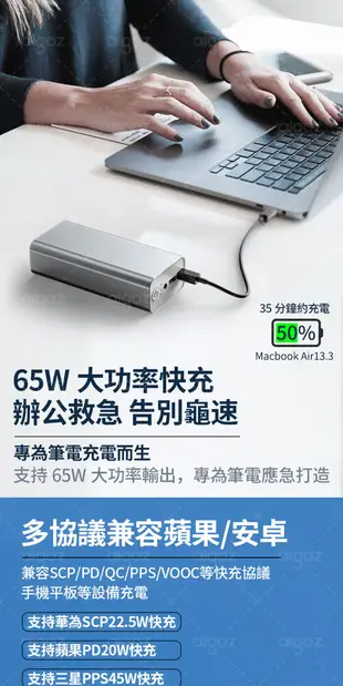 現貨 行動電源 100000mAh PD65W+QC4.0超級快充 移動電源 支援充筆電 行充 隨充 (7.6折)