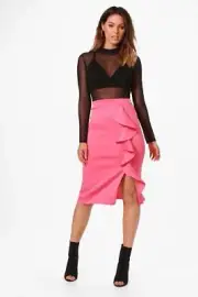 BOOHOO MYA PINK RUFFLE FRONT SPLIT SCUBA SLIM MIDI SKIRT BUBBLEGUM UK 8 BNWT