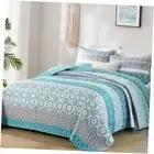 Boho Quilt Set Queen Size,Teal Bohemian Striped Patchwork Bedspread Set,3