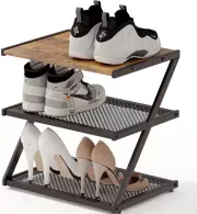 Shoe Rack, Z-Frame Wooden Shoe Shelf with Heavy-Duty Metal Mesh Shelves for Hall