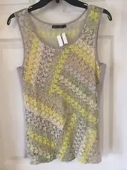 Nic & Zoe Knit Lace Overlay Top Sz Medium Stretch Lined Blouse Gray Yellow Green