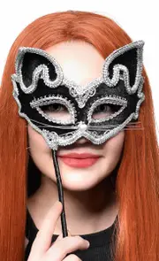 Cat Face Black and Silver Hand Held Masquerade Mask