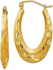 [JewelryWeb] 14k Yellow Gold Hinged post Satin Sparkle Cut Hollow Hoop Earrings 27x16mm Wide 3mm Thick-Hoop Earring for Women