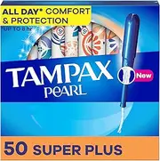 Tampax Pearl Plastic Tampons, Super Plus Absorbency, Unscented, 50 Count