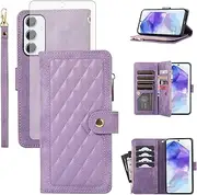 [Asuwish] Mobile Phone Case for Samsung Galaxy A55 5G Case with Screen Protector Card Slot Foldable Leather Wallet Stand A 55 55A A555G Zip Mobile Phone Cases Protective Phone Case Purple