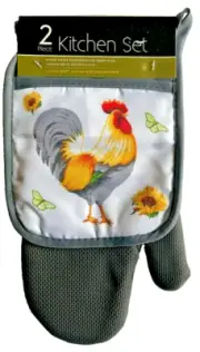 French Country Rooster 2-Piece Potholder Oven mitt Set Country Neoprene Quilted