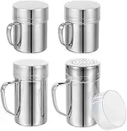 Stainless Steel Salt and Pepper Shakers Set, Seasoning Spice Shaker with Lid and Handle 127 Holes, Metal Dredge Shaker for Powder Sugar Cooking Kitchen Baking (4 Pieces)