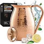 Moscow-Mix Pure Copper Pitcher 70 Ounces - Large 100% Copper Jug for Drinking Water - Heavy Duty Premium Handmade Water Jug with lid - Hammered Finish - 2 Liter Carafe Water Vessel Ayurveda