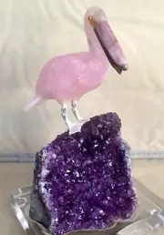 Rose Quartz Pelican on Amethyst 7 3/4" -Peter Muller