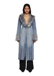 [Current Mood] Off Beat Charm Denim Maxi Coat - Light Blue