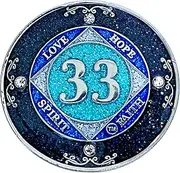 (Years 1-50) NA 33 Year Crystals and Glitter Medallion, Silver Color Plated Coin, Black Rainbow, Blue Glitter and Four Clear Crystals, Epoxy Covered (NA 33 Year Clean Time), small