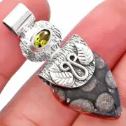 Black Flower Fossil Coral & Peridot 925 Sterling Silver Pendant Jewelry P-1545