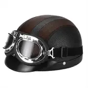 Retro Motorcycle Half Helmet with Goggles - Durable Leather Design & Adjustable Strap Brown