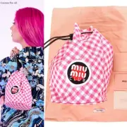 NEW $495 MIU MIU CLUB LOGO PATCH Pink White Gingham Drawstring Small BUCKET BAG