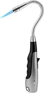 Butane Lighter Torch Long Jet Flame Windproof Lighter with Visual Fuel Window for Fireplace Kitchen Grill BBQ Camping, Black (No Butane Included)