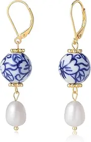 [L&YOUR] Blue and White Porcelain Pearl Earrings, 925 Sterling Silver, Vintage Bohemian Hand-Painted Clover, Elegant Gift