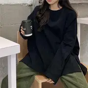 Long-Sleeve Round Neck Plain Slit Oversized T-Shirt Black - XL