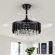 Illus Fandelier Crystal Ceiling Fan with Light and Remote Retractable Invisib...