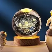 3D Crystal Ball Night Light Clear LED Light with Wooden Base Glass Ball Ornaments Nightlight Decolamp with Touch Switch LED Light Teens Boys and Girls (Sun)