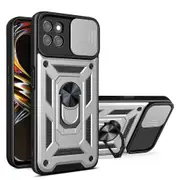 case For Oppo Realme 8I Slide Camera Lens Protection and Built in 360 Rotatable Ring Holder - Silver