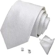 [Aiko Fashion] Mens Striped Business Formal Woven Silk Ties Wedding Groomsmen Party Tie Necktie with optional Pocket Square Handkerchief Hanky Cufflink Set (Matching Hanky & Cufflink, White)