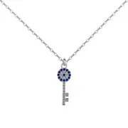 ANYCO Necklace 925 Silver for Women Dark Blue Key Shape Pendant Rhodium Platting CZ 5A Jewelry