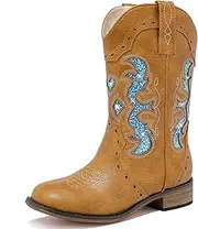 [LAURMOSA] Kids Cowgirl Boots for Girls Western Square Toe Girls Sparkle Boots Zipper Mid Calf Low Heel Horse Riding for Toddler Little Big Kids