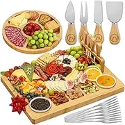Charcuterie Boards Premium Gift Set - 15 Pieces, Bamboo - Large Cheese Board Plus Fruit Tray for Birthday Party Present w/Magnetic Cheese Knives Holder, Fruit Forks & Ceramic Condiment Dishes